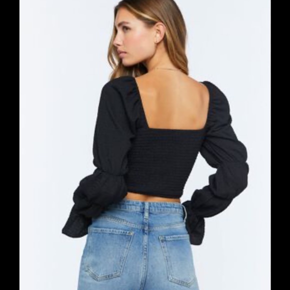 Forever 21 Black Square Neck Smocked Bubble Long Sleeve  Crop Top - Picture 9 of 9